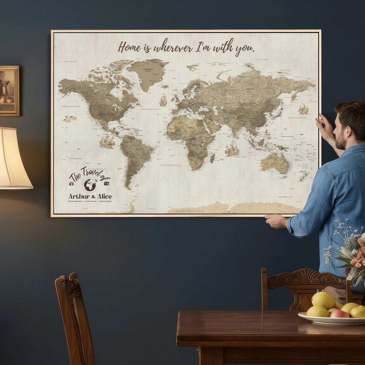 Custom Beige Geometric World Map Canvas with Push Pins, Honeymoon and Anniversary Gift, Dining Room and Hallway Decor