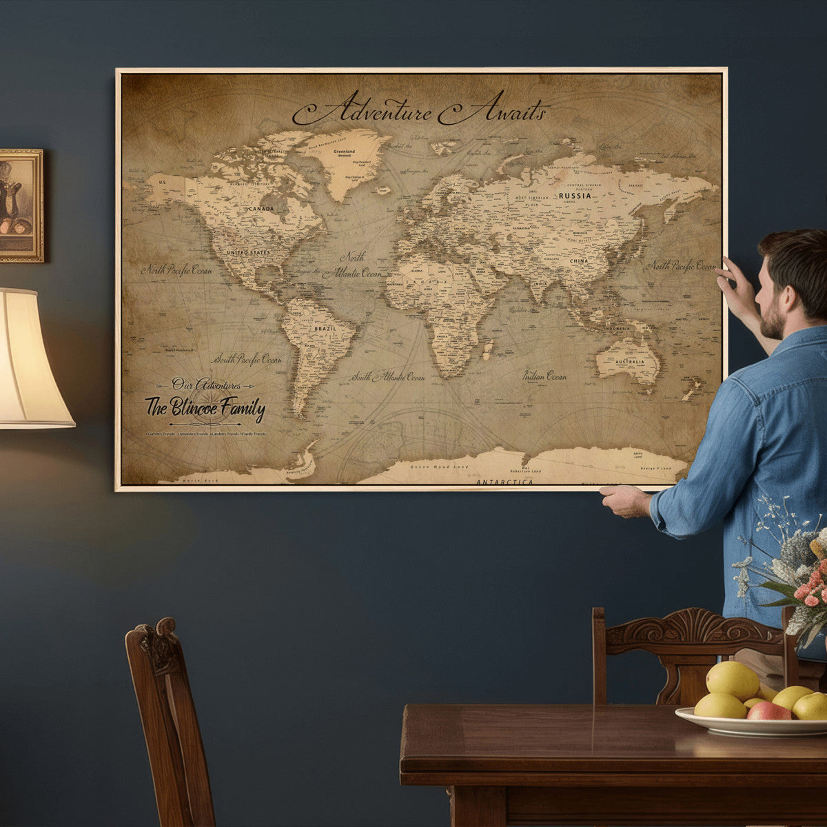 Personalized Framed Beige World Travel Map Wall Art with Pins, Family Travel Tracker, Family Room and Entryway Decor