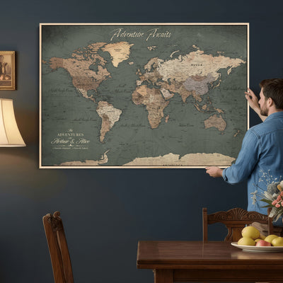 Personalized Framed Beige Modern World Map Canvas with Push Pins, Bucket List Map, Family Room and Dining Room Decor