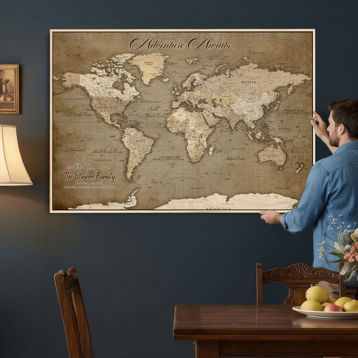 Custom Beige Modern Push Pin World Map Canvas Print, Family Travel Tracker, Dining Room and Home Office Decor