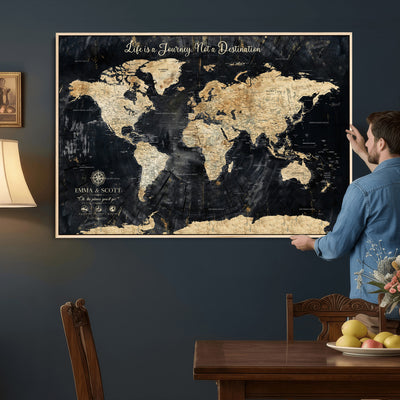 Personalized Framed Navy Modern Push Pin World Map Canvas Print, Couples Countries Visited Map, Family Room and Study Decor