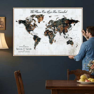 Personalized Beige Push Pin World Map Canvas Print, Honeymoon and Anniversary Gift, Living Room and Dining Room Decor