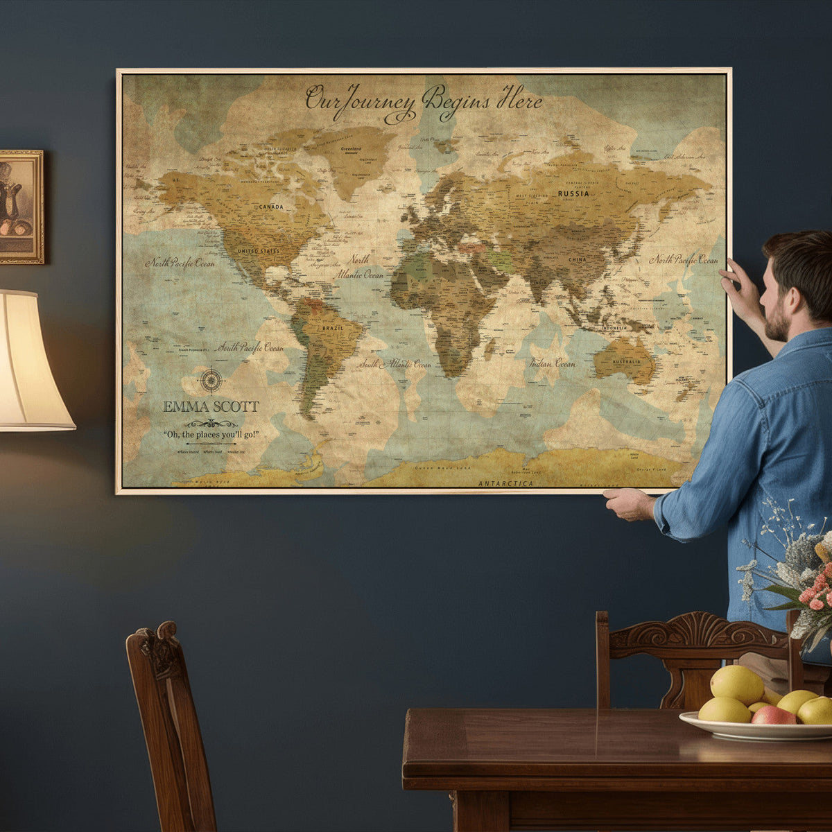Personalized Navy Push Pin Travel Map Canvas Print, Couples Countries Visited Map, Living Room and Dining Room Decor