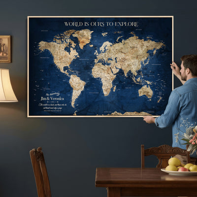 35296308-MGV-CV-36X24 - Custom Push Pin World Map Wall Art Canvas Print | Personalized Travel Tracker with Pins Framed Large for Home and Office Decor