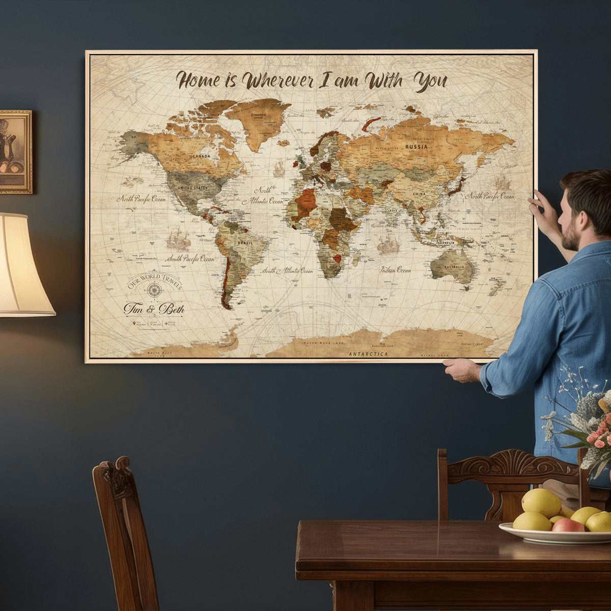 Personalized Framed Black Modern Push Pin World Map Wall Art, Couples Countries Visited Map, Dining Room and Hallway Decor