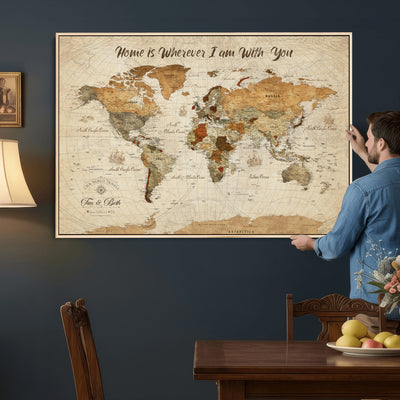 Personalized Framed Black Modern Push Pin World Map Wall Art, Couples Countries Visited Map, Dining Room and Hallway Decor