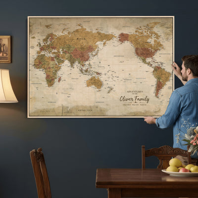 Personalized Framed Navy Modern World Map Canvas with Push Pins, Bucket List Map, Living Room and Entryway Decor