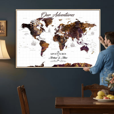 Personalized Framed Beige Vintage Push Pin Travel Map Canvas Print, Next Trip Planner Map, Home Office and Entryway Decor