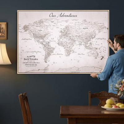 Personalized Beige Vintage World Travel Map Wall Art with Pins, Honeymoon and Anniversary Gift, Entryway and Hallway Decor