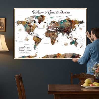 Custom Framed Beige Modern Push Pin World Map Wall Art, Couples Countries Visited Map, Study and Entryway Decor