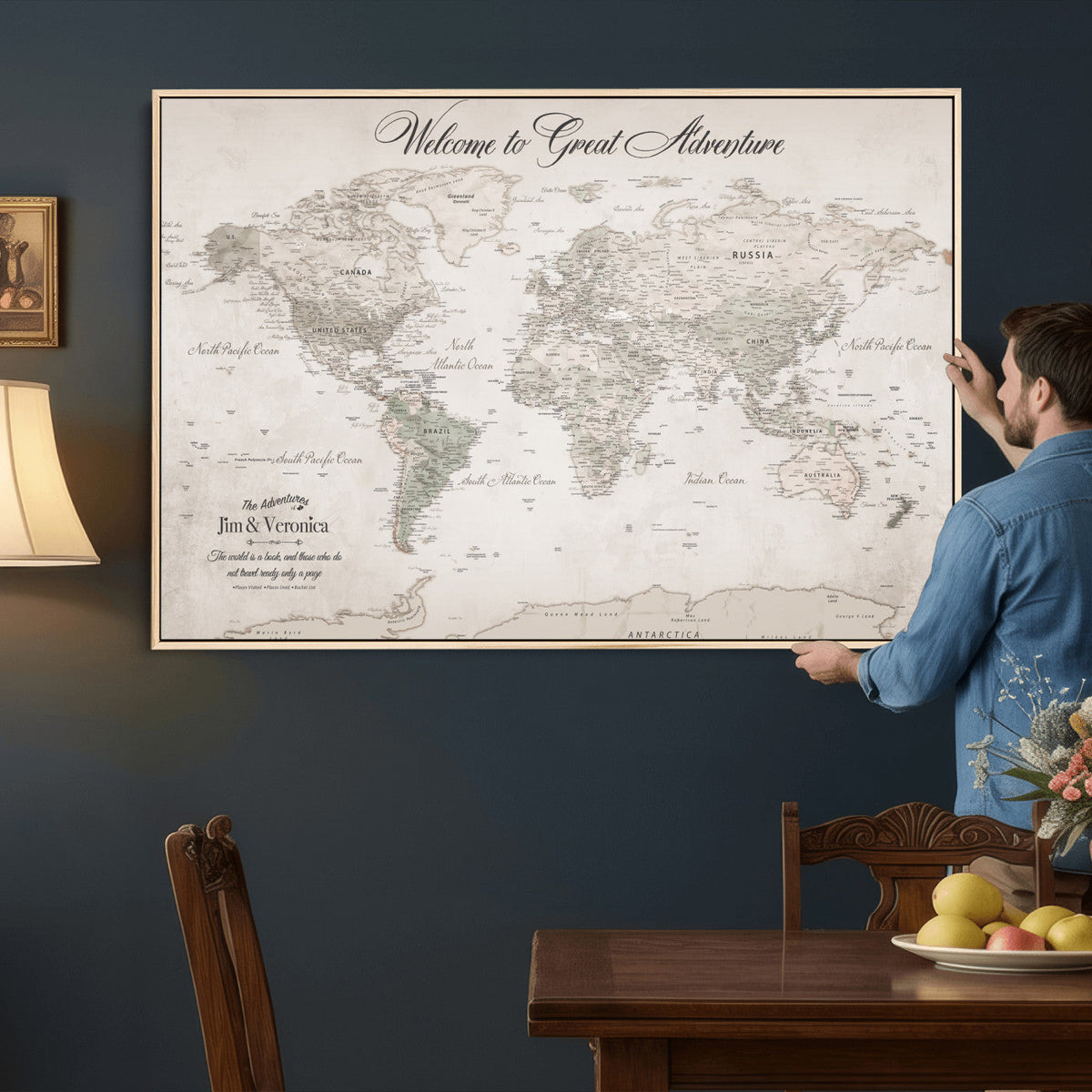 84311132-MGV-CV-36X24 - Personalized Beige World Map Canvas with Push Pins, Places Visited Tracker, Family Room and Entryway Decor