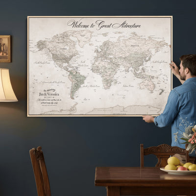 84311132-MGV-CV-36X24 - Personalized Beige World Map Canvas with Push Pins, Places Visited Tracker, Family Room and Entryway Decor