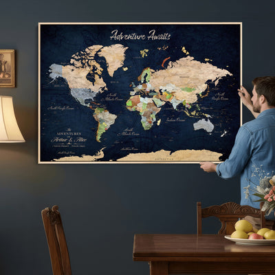 Personalized Beige Antique Push Pin Travel Map Canvas Print, Bucket List Map, Dining Room and Entryway Decor