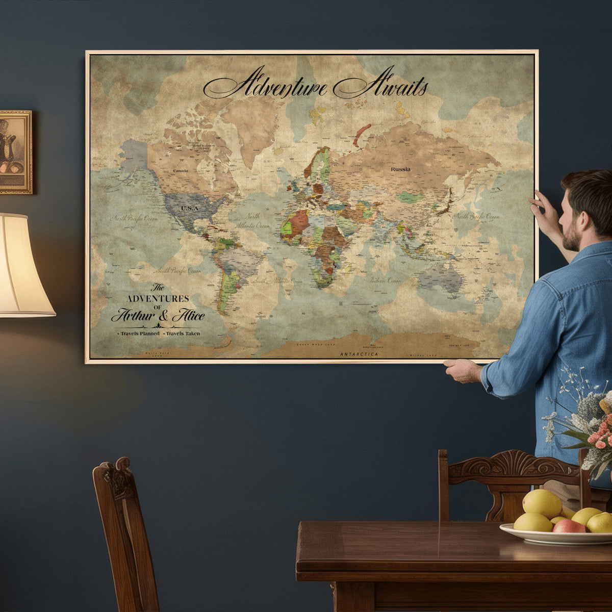 Custom Beige World Travel Map Wall Art with Pins, Bucket List Map, Dining Room and Study Decor