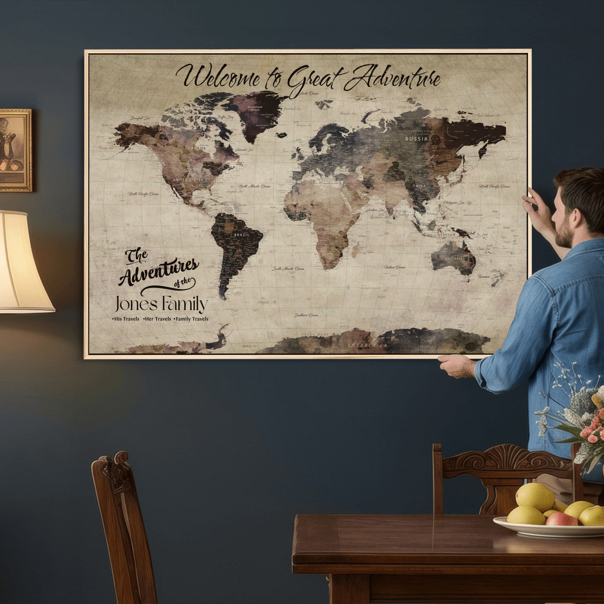 Custom Beige Modern Push Pin World Map Wall Art, Honeymoon and Anniversary Gift, Dining Room and Study Decor