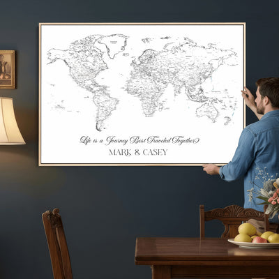 Personalized Framed Beige Modern Push Pin Travel Map Canvas Print, Couples Countries Visited Map, Living Room and Family Room Decor