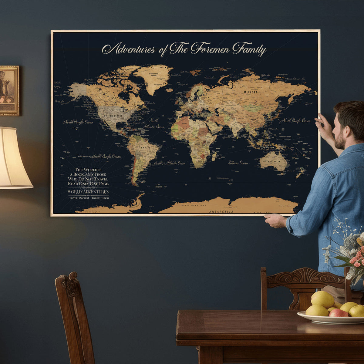 Personalized White Minimalist World Travel Map Wall Art with Pins, Places Visited Tracker, Entryway and Hallway Decor