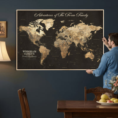 Personalized Framed Beige World Travel Map Wall Art with Pins, Couples Countries Visited Map, Family Room and Dining Room Decor