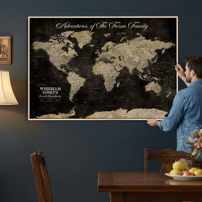 Personalized Framed Black Modern World Map Canvas with Push Pins, Next Trip Planner Map, Dining Room and Home Office Decor