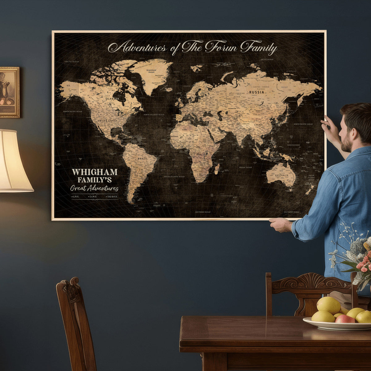 Personalized Framed Beige Geometric Push Pin Travel Map Canvas Print, Honeymoon and Anniversary Gift, Dining Room and Hallway Decor