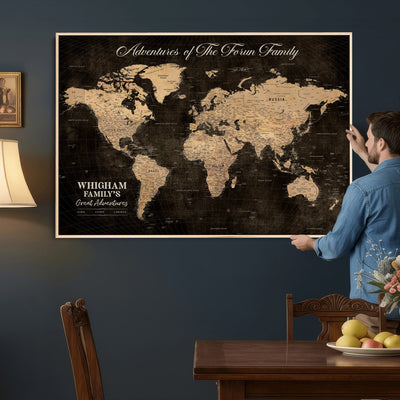 Personalized Framed Beige Geometric Push Pin Travel Map Canvas Print, Honeymoon and Anniversary Gift, Dining Room and Hallway Decor