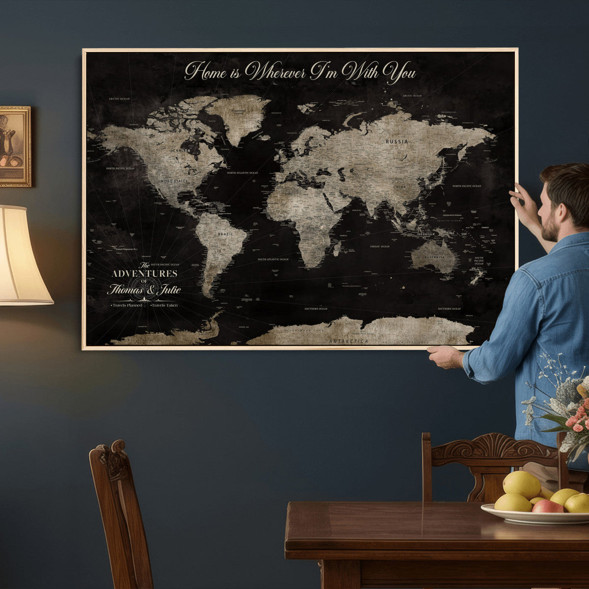 Personalized Framed Black Geometric World Map Canvas with Push Pins, Bucket List Map, Living Room and Dining Room Decor