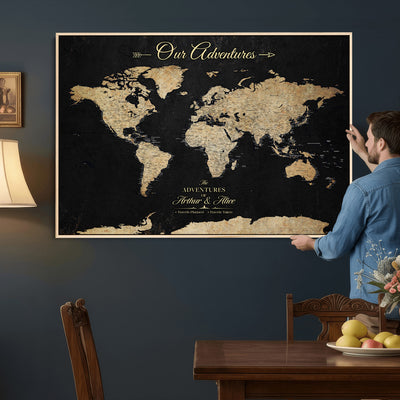 Personalized Framed Beige Push Pin World Map Canvas Print, Family Travel Tracker, Bedroom and Home Office Decor