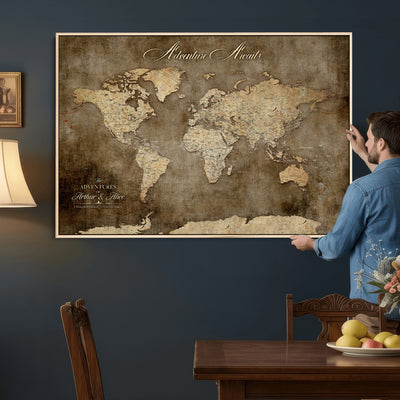 Personalized Framed Beige Push Pin Travel Map Canvas Print, Bucket List Map, Bedroom and Study Decor