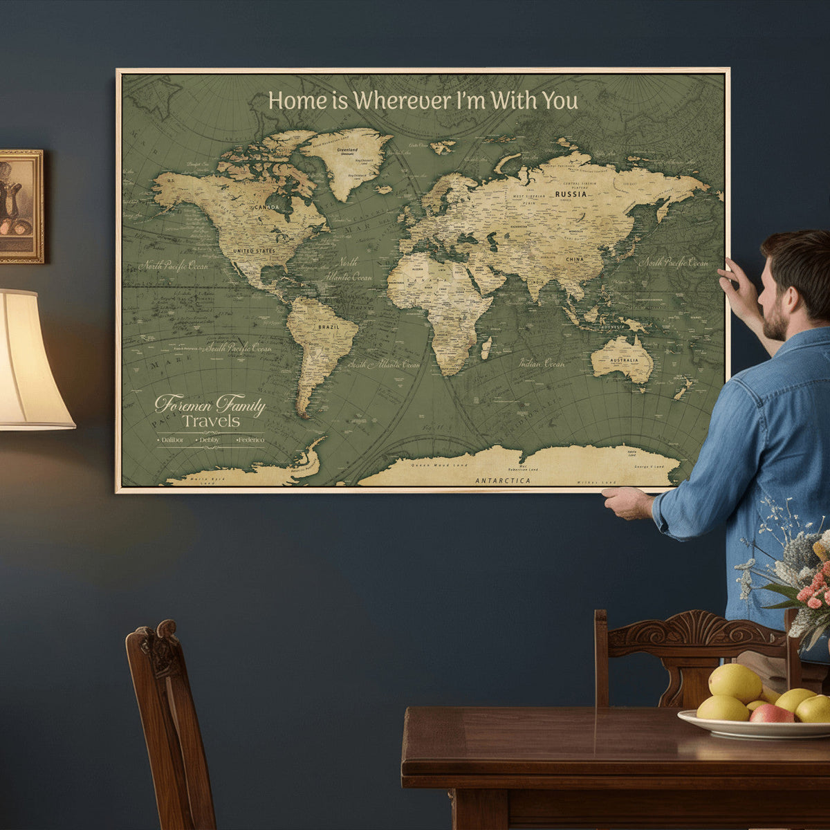 31715895-MGV-CV-36X24 - Custom Push Pin World Map Wall Art Canvas Print | Personalized Travel Tracker with Pins Framed Large for Home and Office Decor