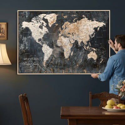 Personalized Framed Beige Push Pin World Map Canvas Print, Bucket List Map, Living Room and Hallway Decor