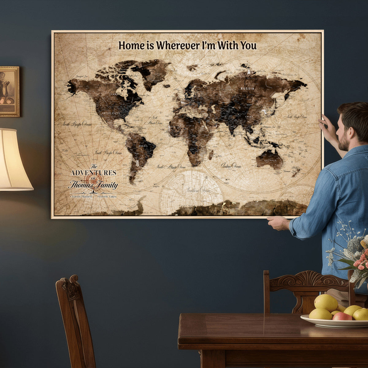 Personalized Framed Beige Modern World Travel Map Wall Art with Pins, Family Adventure Map, Living Room and Hallway Decor