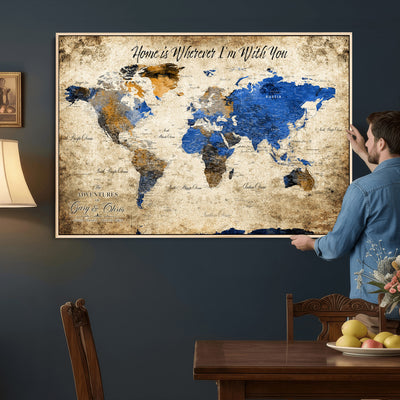 Personalized Framed Beige World Map Canvas with Push Pins, Honeymoon and Anniversary Gift, Living Room and Home Office Decor