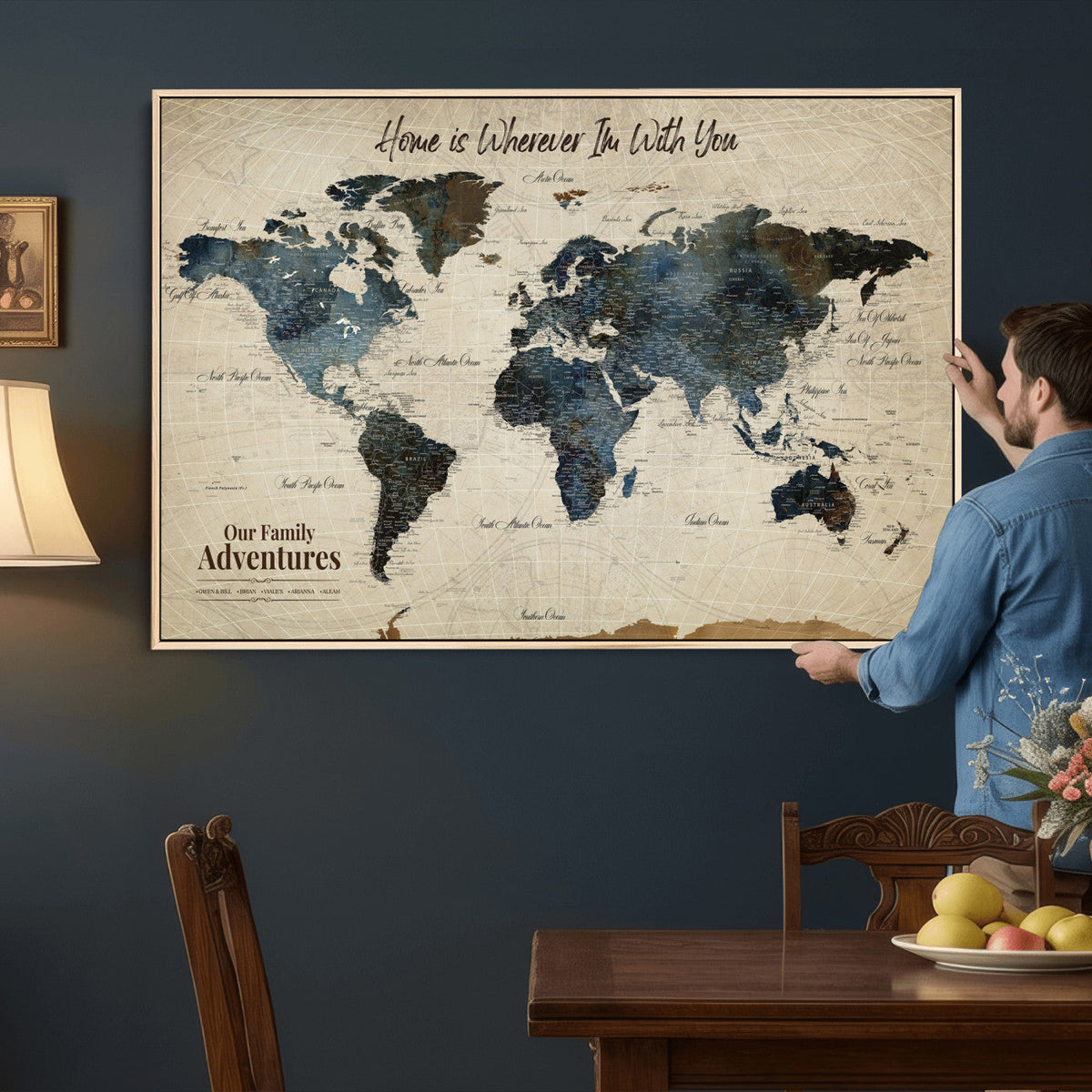 Personalized Framed Black Modern Push Pin Travel Map Canvas Print, Family Travel Tracker, Home Office and Entryway Decor