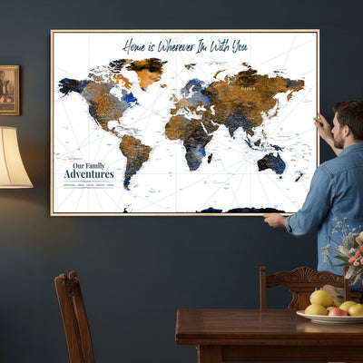 Personalized Framed Beige Modern Push Pin World Map Wall Art, Next Trip Planner Map, Family Room and Home Office Decor