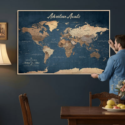 Personalized White Vintage World Travel Map Wall Art with Pins, Next Trip Planner Map, Family Room and Dining Room Decor