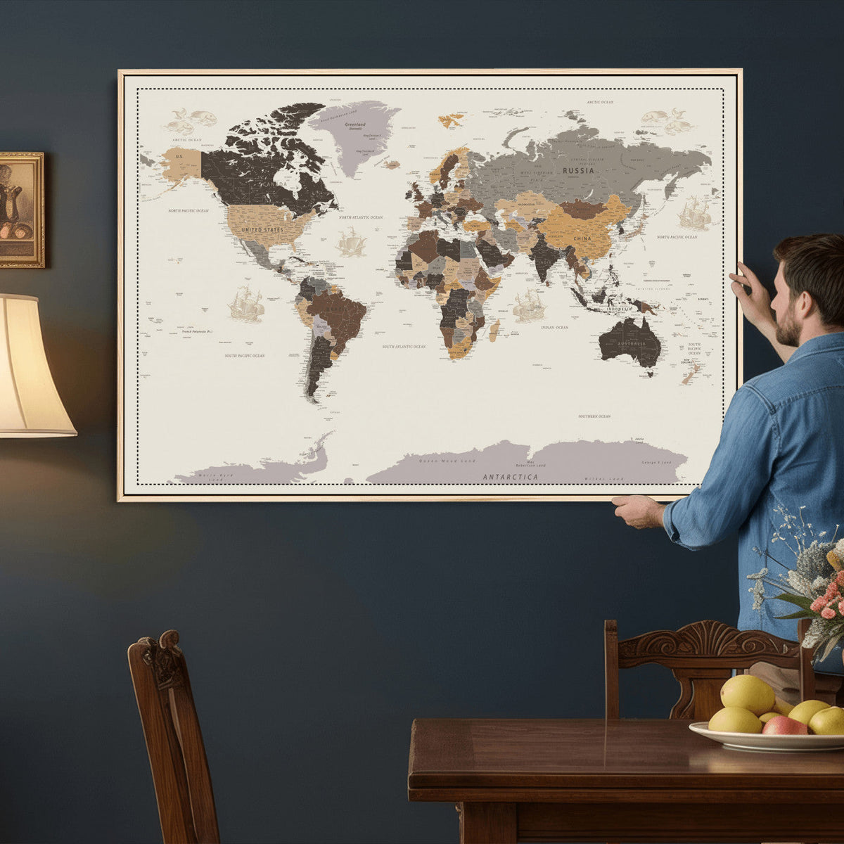 58777746-MGV-CV-36X24 - Custom Beige Modern Push Pin World Map Canvas Print, Places Visited Tracker, Bedroom and Study Decor
