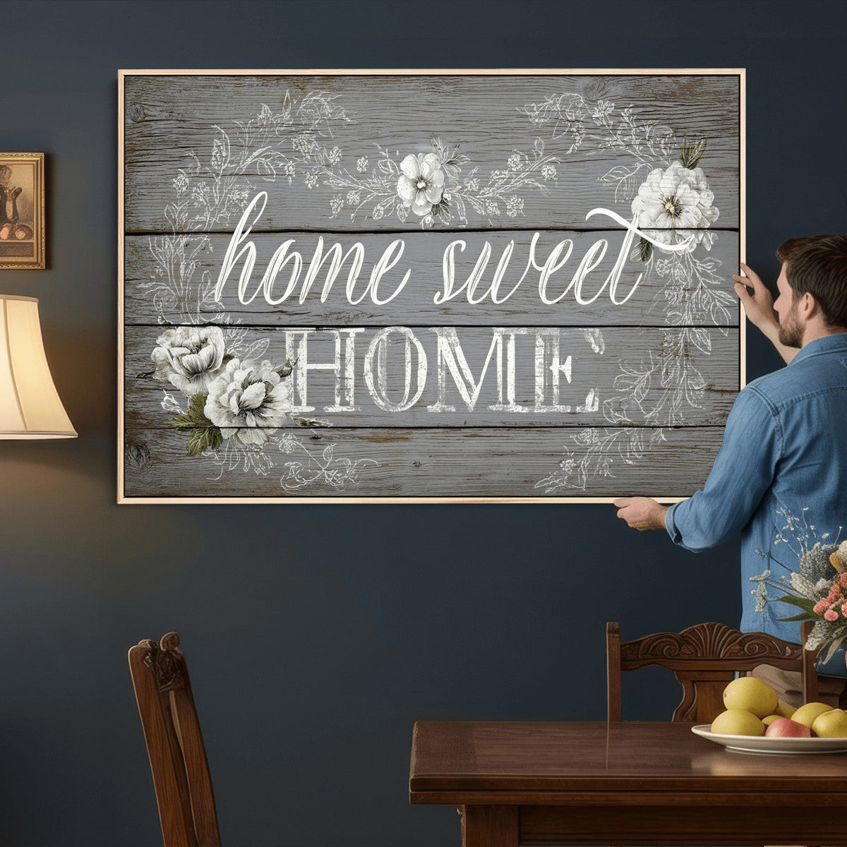 Home Sweet Home Sign Wall Art Canvas Print, Floral Farmhouse Decor