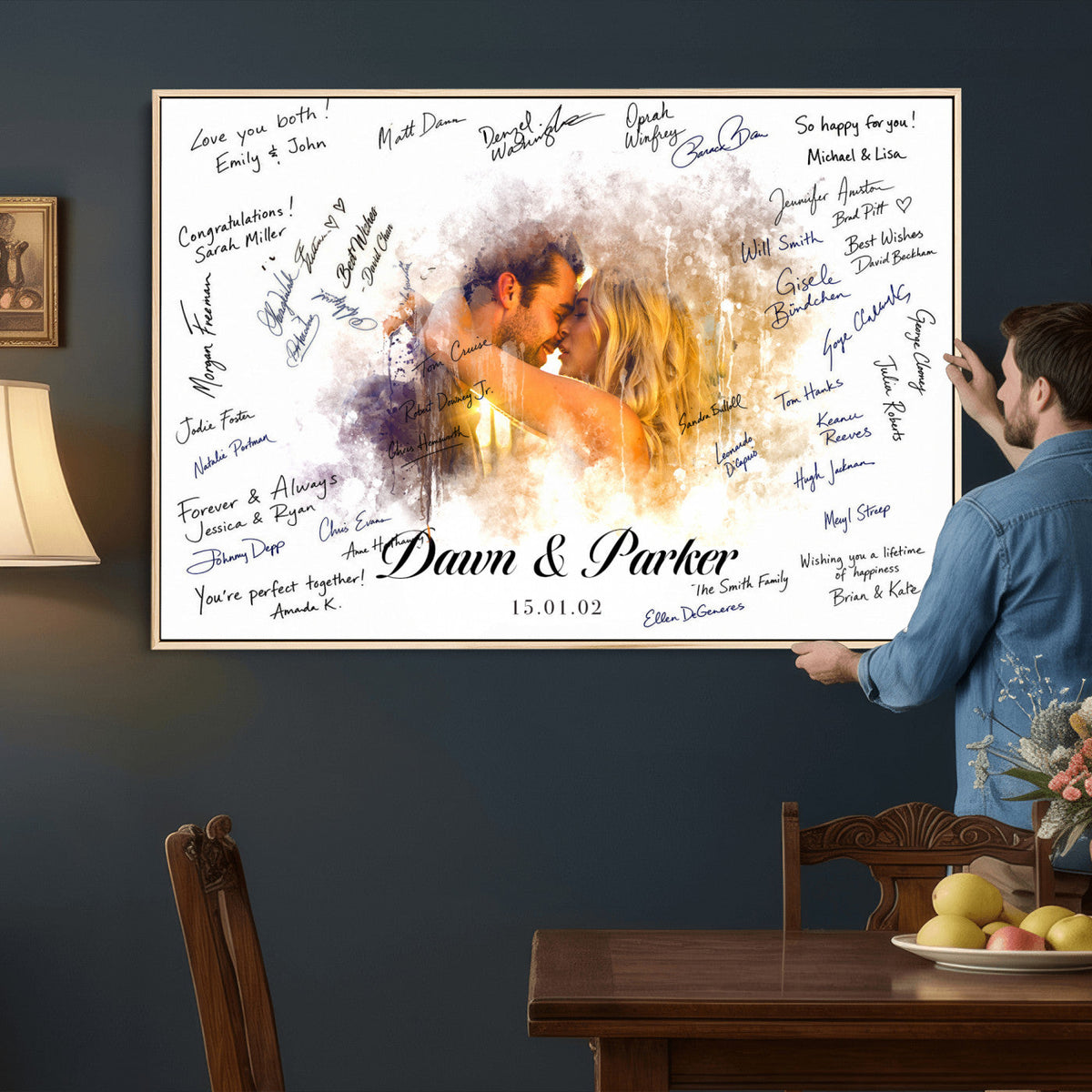74713307-MGV-CV-36X24 - Wedding Guest Book Alternative Wall Art Canvas Print, Personalized Couple Photo Guestbook Wedding Signature Poster, Custom Couple Photo Guestbook Canvas, Bridal Shower Reception Decor