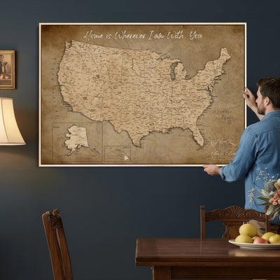 21454917-MGV-CV-36X24 - Personalized USA Push Pin Travel Map, Custom United States Map, Push Pin Map, USA Bucket List Map, Anniversary Gift | Couple Travel Map Wall Art