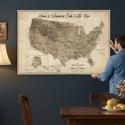 25440520-MGV-CV-36X24 - Detailed Personalized Push Pin United States Map Wall Art, States Visited Map, Office and Hallway Decor