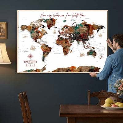 116MESUT-MGV-CV-36X24 - Custom Push Pin World Map Canvas Print | Personalized Travel Map Wall Art