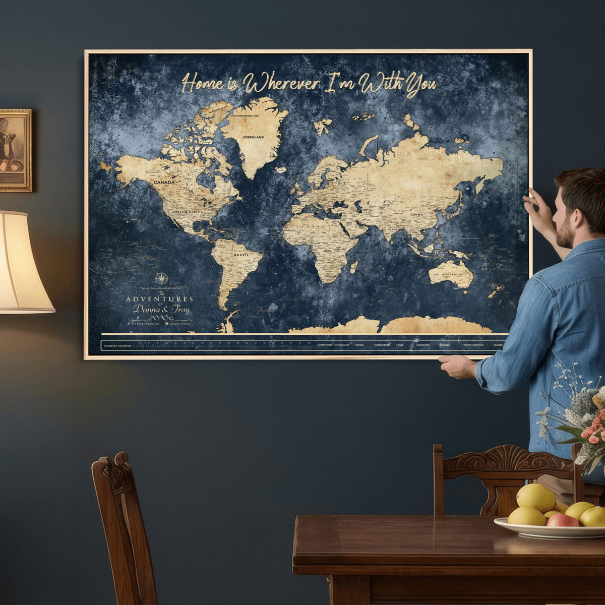 400867BL-MGV-CV-36X24 - Framed Blue Custom Push Pin World Map Canvas Print | Personalized Travel Map Wall Art