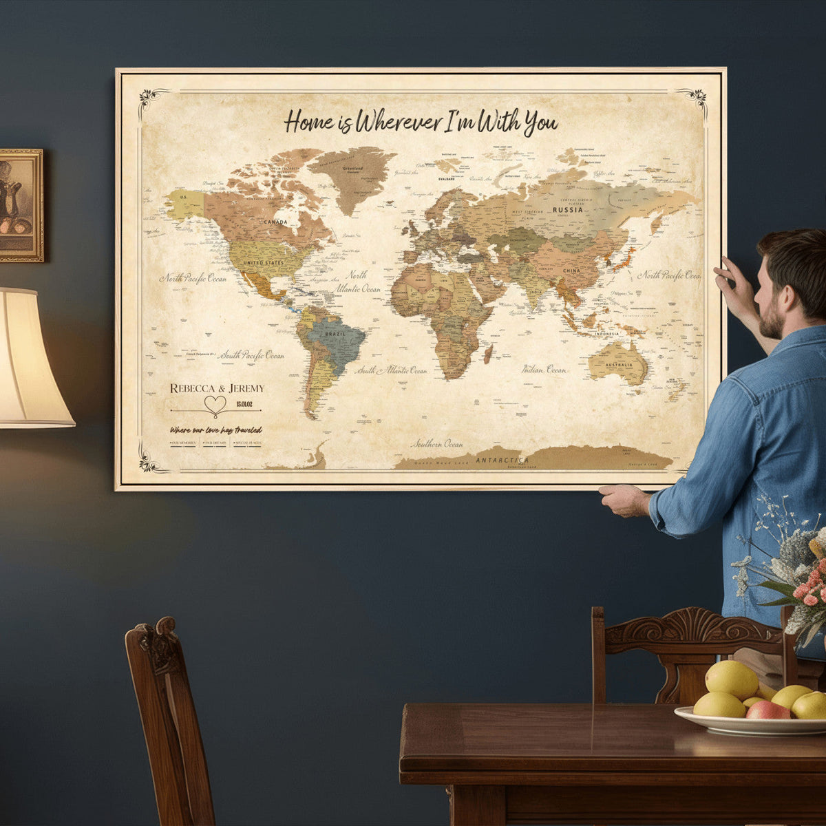40086165-MGV-TP-30X20 - Framed Vintage Custom Push Pin World Map Canvas Print | Personalized Travel Map Wall Art