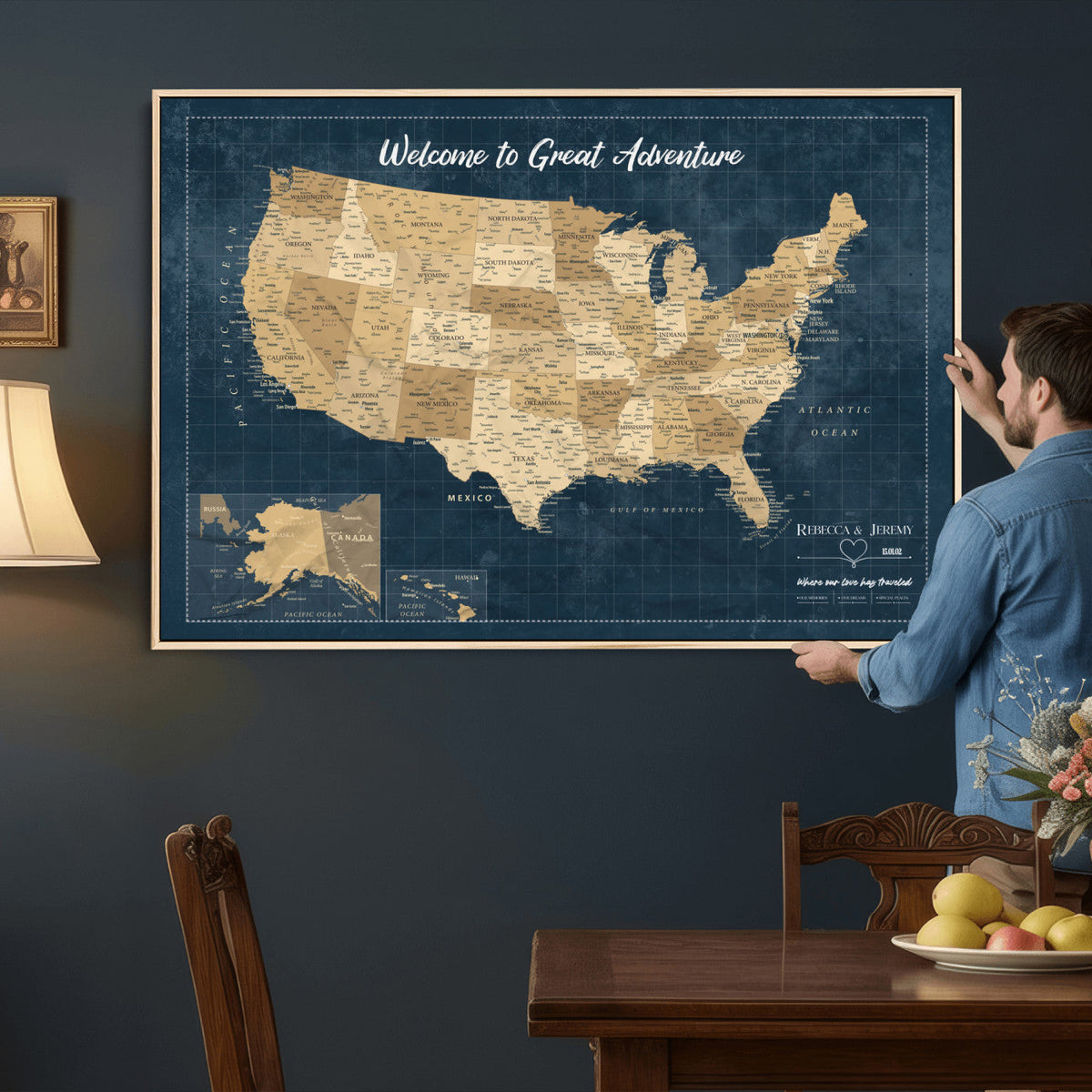 58851035-MGV-CV-36X24 - Custom Cream Push Pin USA Map Canvas Print, 50 State Bucket List Map, Family Room and Hallway Decor