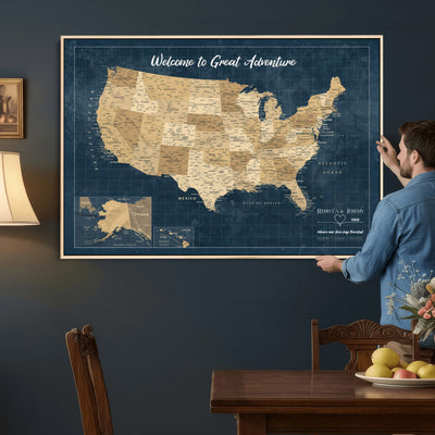 58851035-MGV-CV-36X24 - Custom Cream Push Pin USA Map Canvas Print, 50 State Bucket List Map, Family Room and Hallway Decor