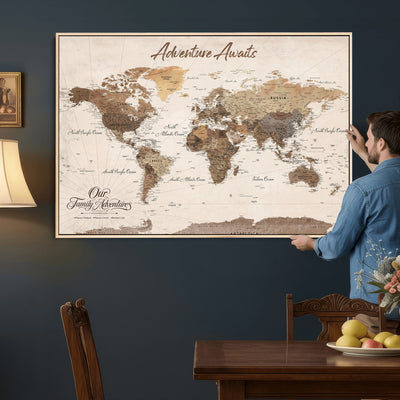 84865191-MGV-CV-36X24 - Our Family Adventures Push Pin World Map Wall Art Canvas Print - Family Travel Tracker Map with Pins