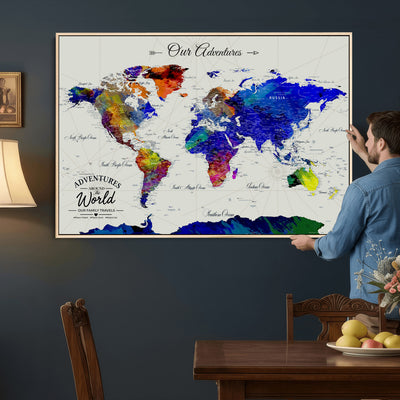 88162438-MGV-CV-36X24 - Our Family Adventures Push Pin World Map Wall Art Canvas Print | Family Travel Tracker Map with Pins