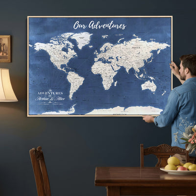 75405527-MGV-CV-36X24 - Extra Large Framed Personalize Push Pin World Map Wall Art Canvas Print for Travel Tracking - NEWMAP-113A