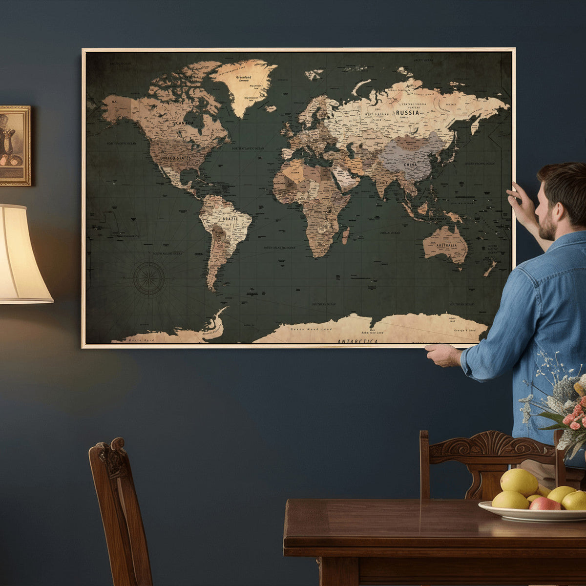 42327656-MGV-CV-36X24 - Extra Large Framed Personalize Push Pin World Map Wall Art Canvas Print for Travel Tracking - NEWMAP-116