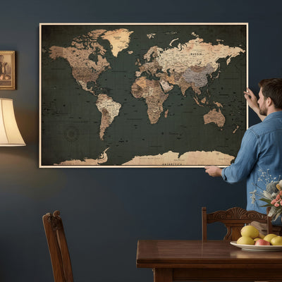 42327656-MGV-CV-36X24 - Extra Large Framed Personalize Push Pin World Map Wall Art Canvas Print for Travel Tracking - NEWMAP-116